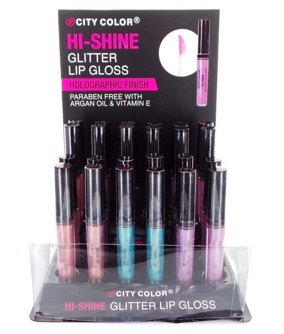 CITY COLOR Hi-Shine Glitter Lip Gloss, Holographic Finish Display Set, 24 pieces