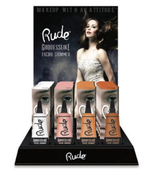 RUDE Goddesslike Facial Shimmer Acrylic Display Set, 48 Pieces + 4 Testers