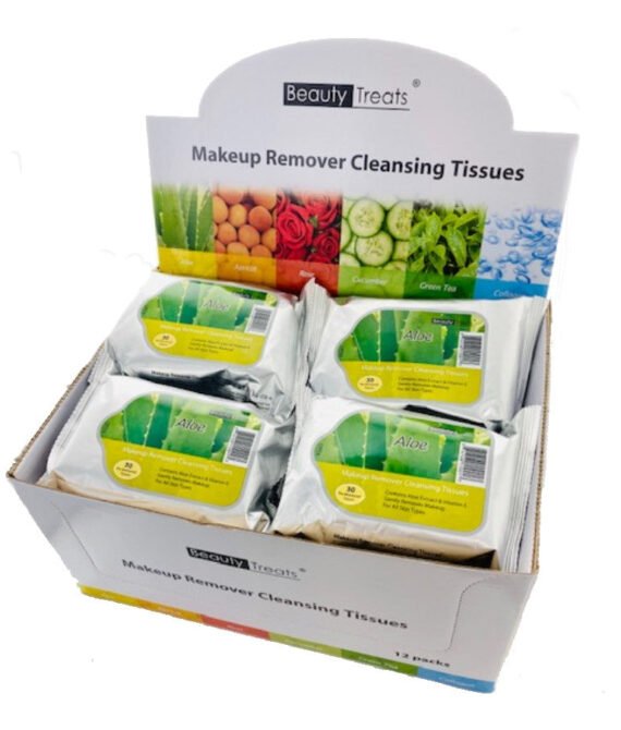 BEAUTY TREATS Makeup Remover Cleansing Tissues – Aloe – Display Set, 12 Pieces