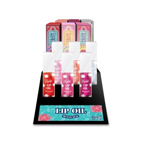 RUDE Lip Oil Massage Display Set – 6 fruity moisturizing lip oils in 48-piece retail set