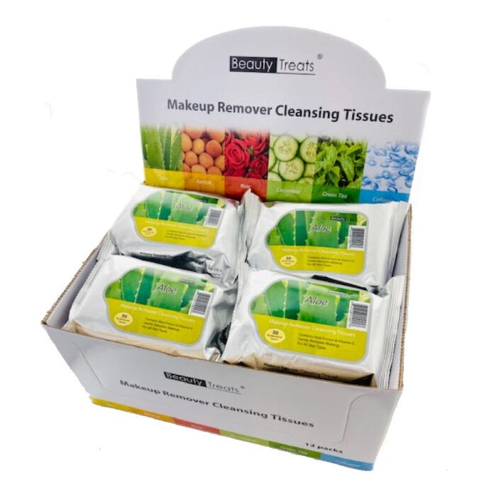 BEAUTY TREATS Makeup Remover Cleansing Tissues – Aloe – Display Set, 12 Pieces