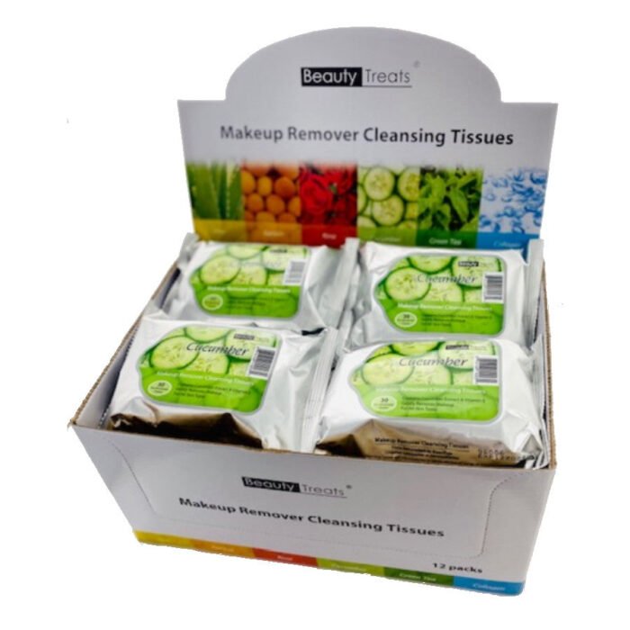 BEAUTY TREATS Makeup Remover Cleansing Tissues – Cucumber Display Set, 12 Pieces