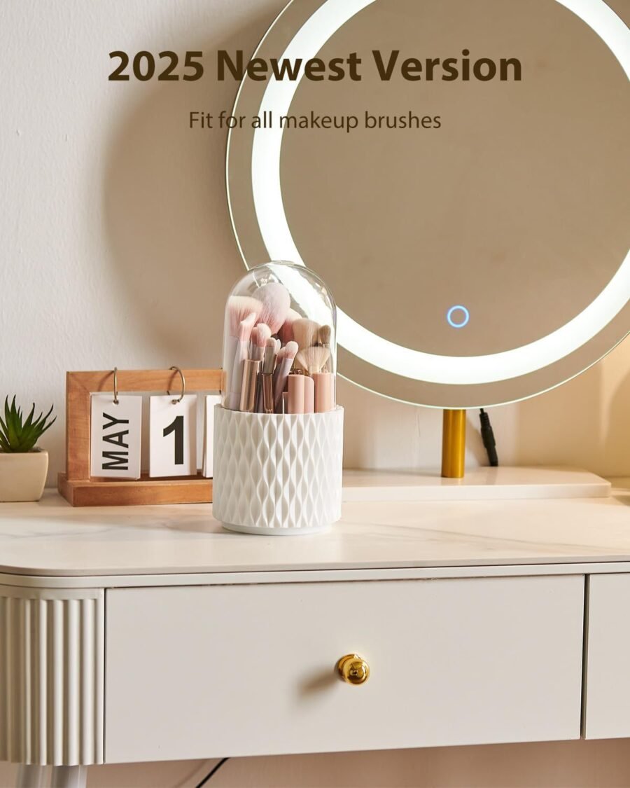 Makeup Brush Holder Dustproof & Waterproof 360 Rotating Cosmetics Make Up Brush Organizer Storage With Lid For Vanity