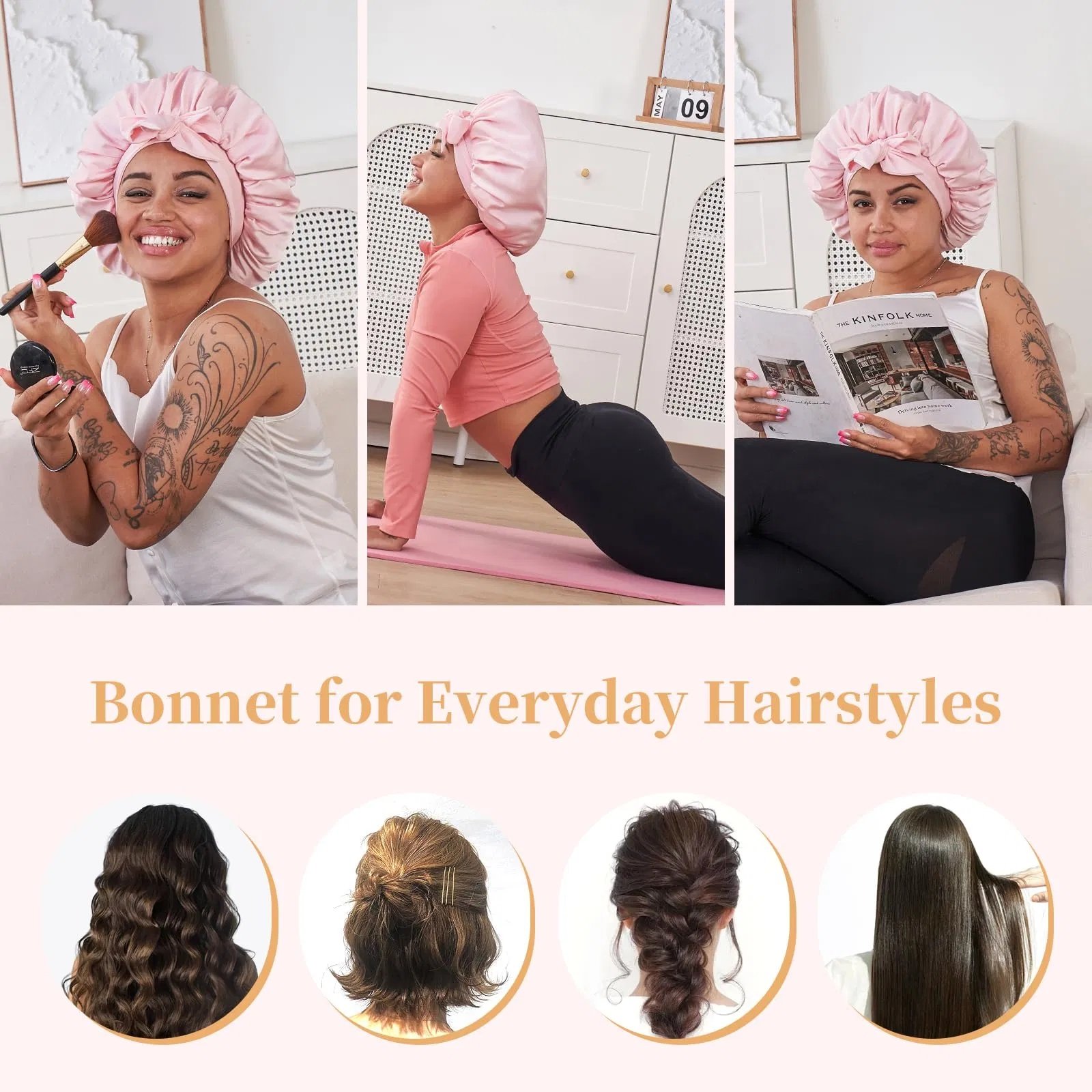 Silk Bonnet For Sleeping Women, Satin Hair Bonnet For Sleeping For Wavy Curly Natural Hair Women Men - Pink - Image 4