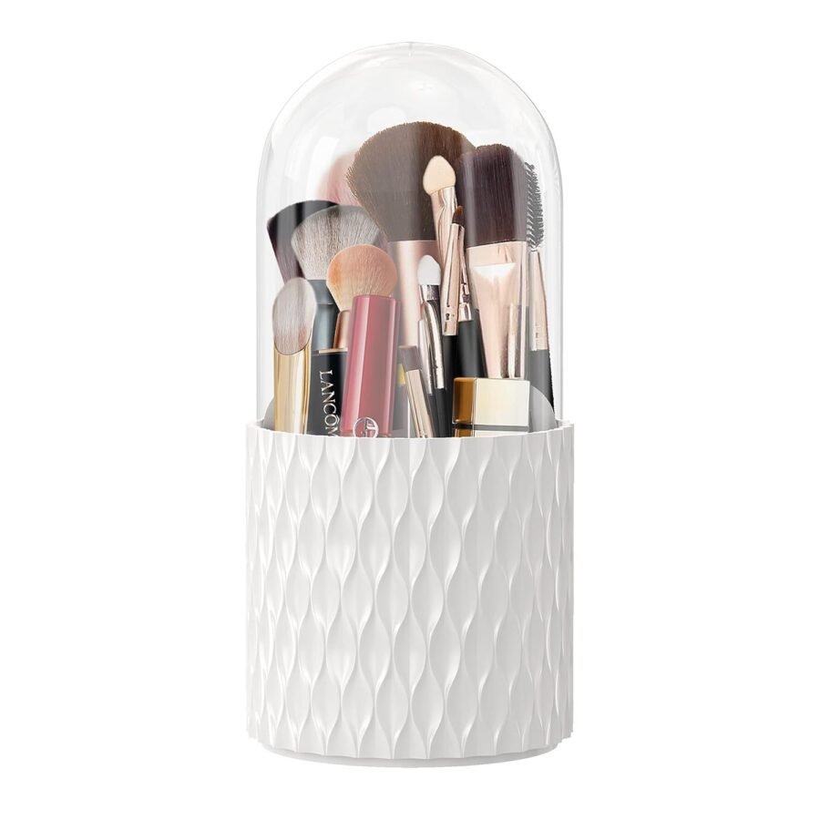 Makeup Brush Holder Dustproof & Waterproof 360 Rotating Cosmetics Make Up Brush Organizer Storage With Lid For Vanity
