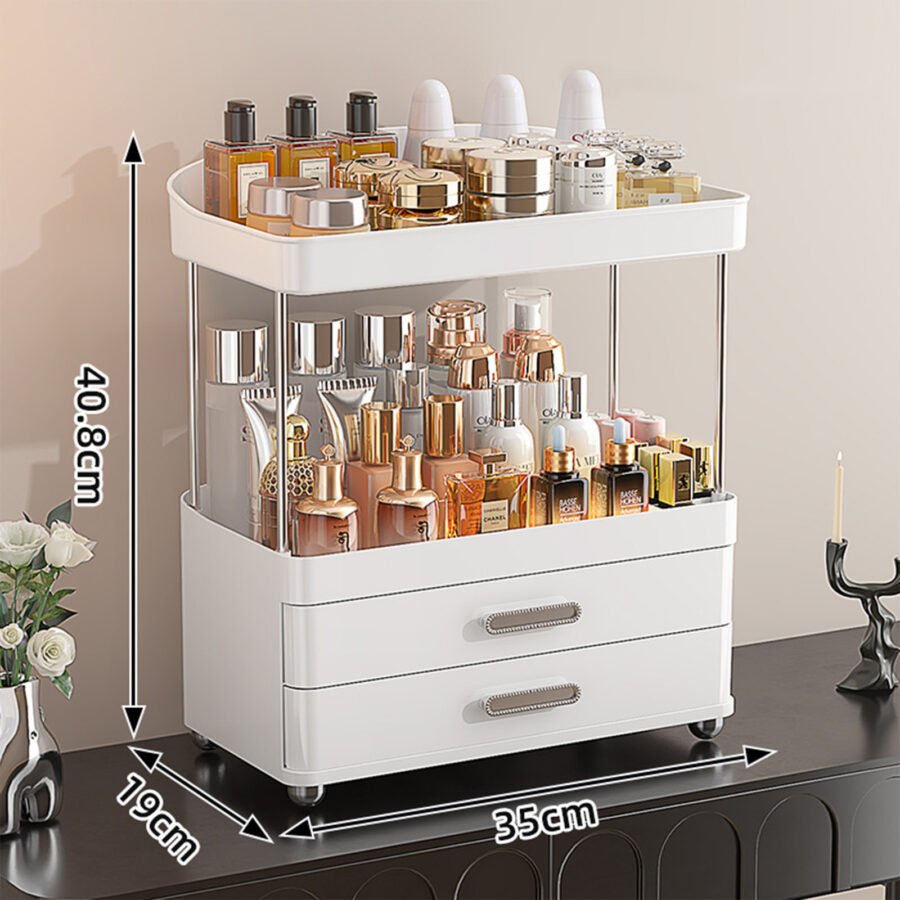 2 Drawers Makeup Organizer – 4 Tier Bathroom Organizers And Storage, Versatile Perfume Vanity Organizer, Ideal For Cosmetic, Large Skincare, Face Mask, Office Supplies