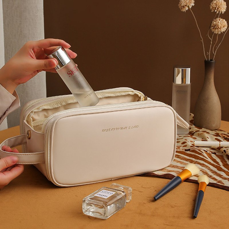 Three-layer Double Zipper U-shaped Design Cosmetic Bag Fashion High Capacity Make Up Bags Portable Pu Leather Storage Bag For Skin Care Products - Image 6