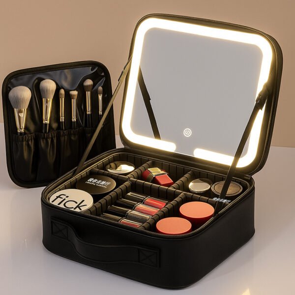 Portable LED Light Mirror Travel Makeup Bag, Large Capacity Women Cosmetic Organizer Case With Adjustable Dividers  Hand Held Travel Beauty Storage For Make Up Brushes  Cosmetics