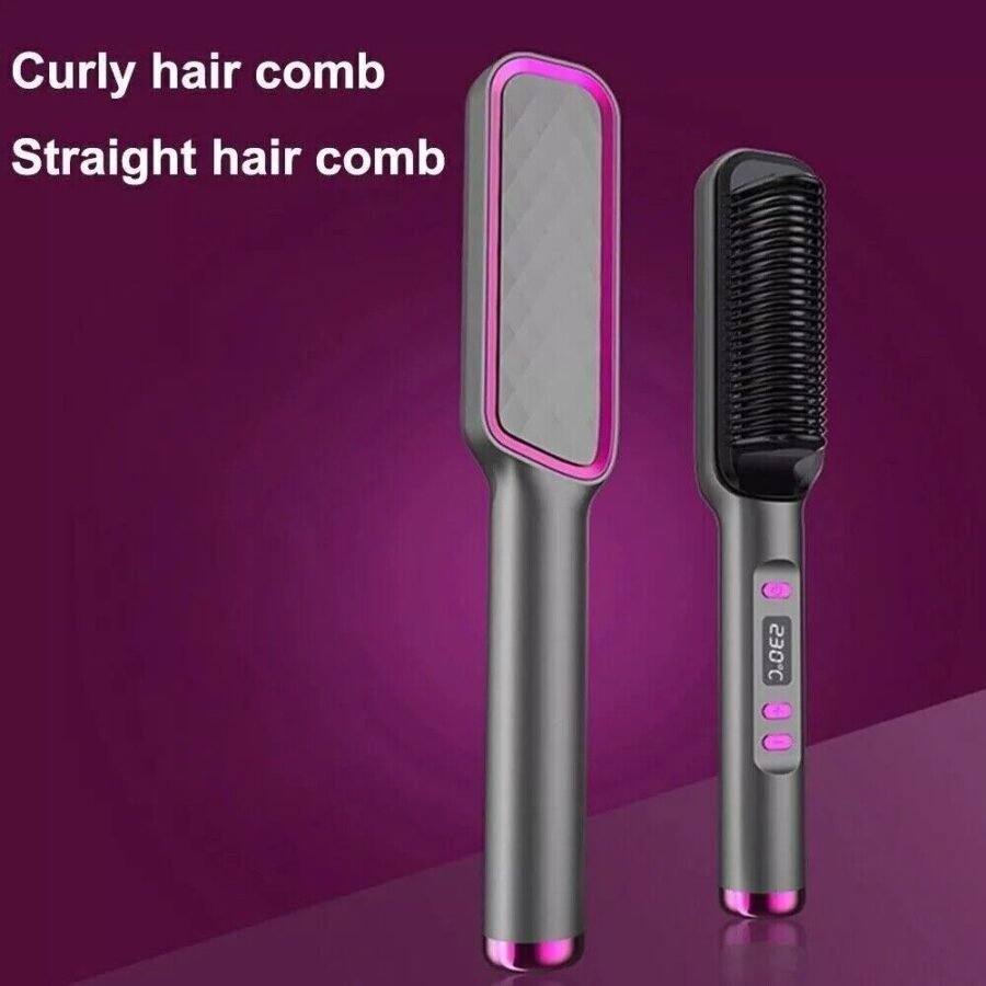 2in1 Negative-ion Hair Straightener Brush Curling Salon Styling Comb Ceramic New–Grey