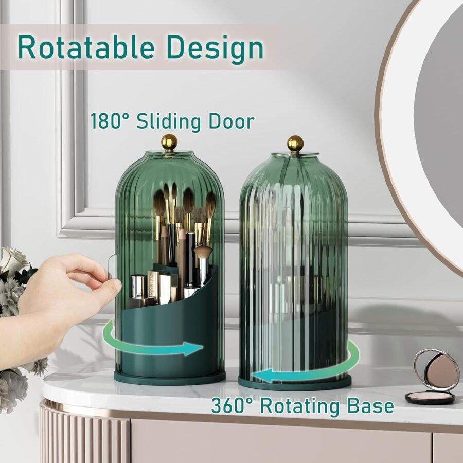 360 Rotating Makeup Brush Holder With Dustproof Lid – Clear Waterproof Organizer For Vanity, Bathroom Or Countertop. Fits All Brush Sizes, 3 Color Options Available