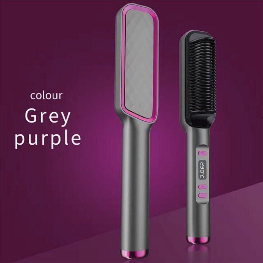 2in1 Negative-ion Hair Straightener Brush Curling Salon Styling Comb Ceramic New–Grey
