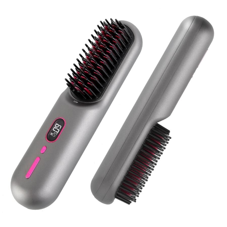 Grey-Black Options — 1Pc Cordless Negative Ion Hair Straightener Brush Rechargeable Mini Styling Comb With 12 Heating Levels Anti-scald 30S Preheating 30Mins Auto Sleep LCD Display