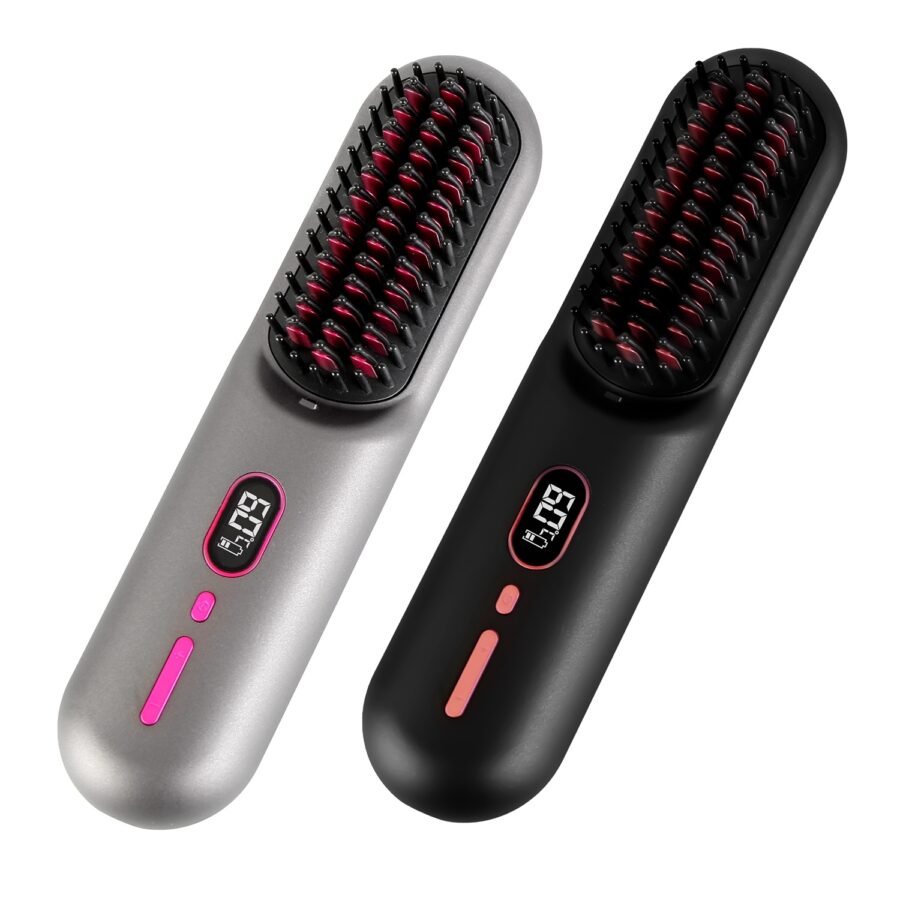 Grey-Black Options — 1Pc Cordless Negative Ion Hair Straightener Brush Rechargeable Mini Styling Comb With 12 Heating Levels Anti-scald 30S Preheating 30Mins Auto Sleep LCD Display