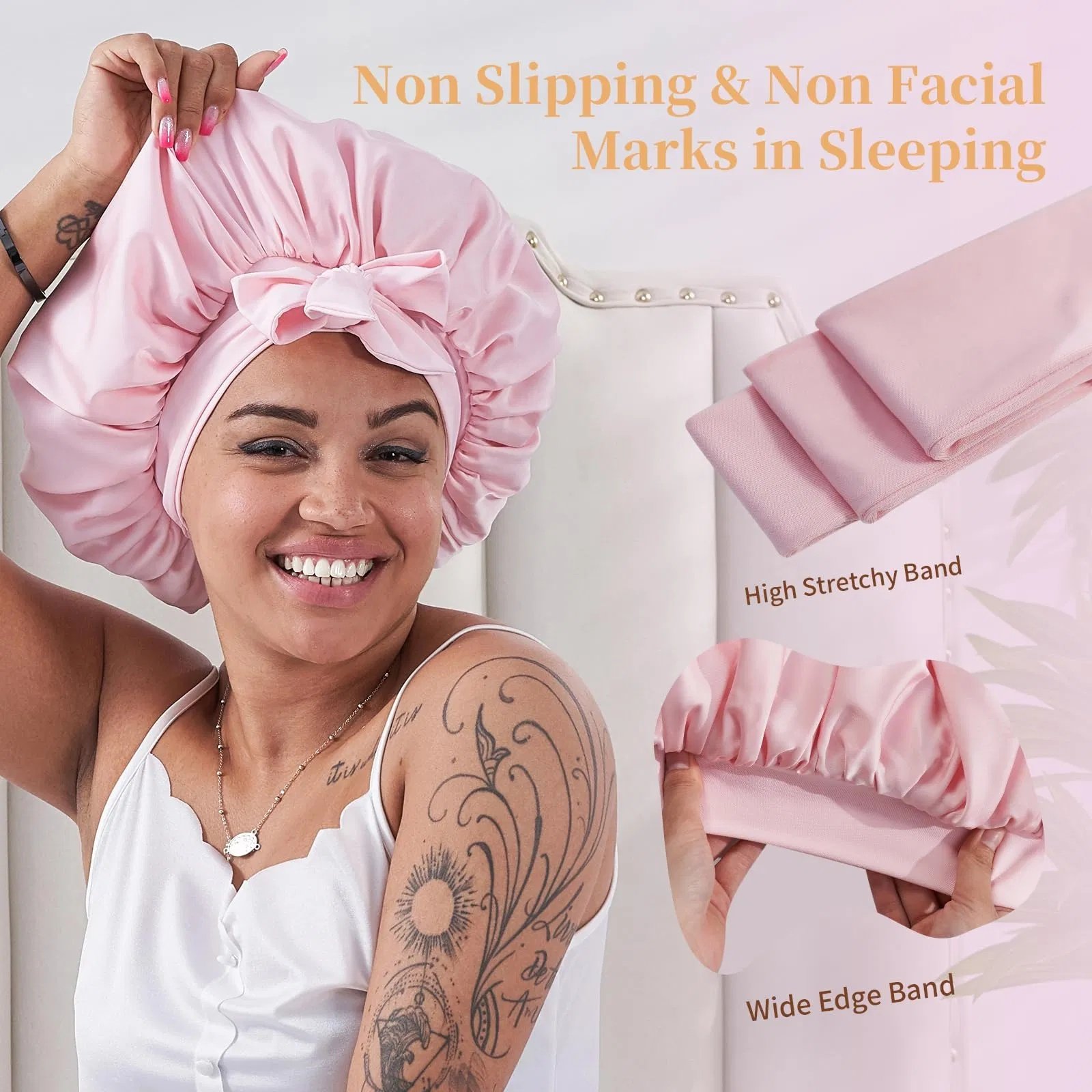 Silk Bonnet For Sleeping Women, Satin Hair Bonnet For Sleeping For Wavy Curly Natural Hair Women Men - Pink - Image 2