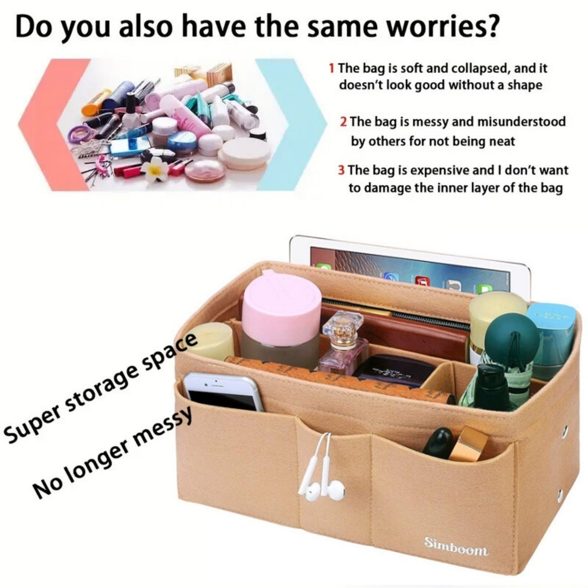 Ladies Felt Travel Makeup Bag Insert Liner Purse Pouch Women Organizer Handbag - Image 2