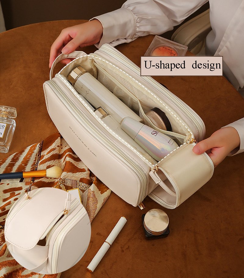 Three-layer Double Zipper U-shaped Design Cosmetic Bag Fashion High Capacity Make Up Bags Portable Pu Leather Storage Bag For Skin Care Products - Image 2