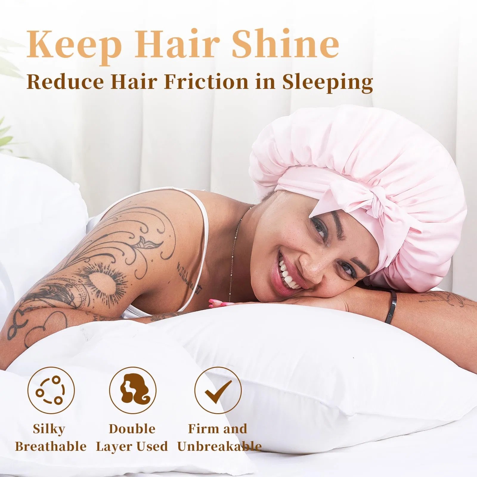 Silk Bonnet For Sleeping Women, Satin Hair Bonnet For Sleeping For Wavy Curly Natural Hair Women Men - Pink - Image 3