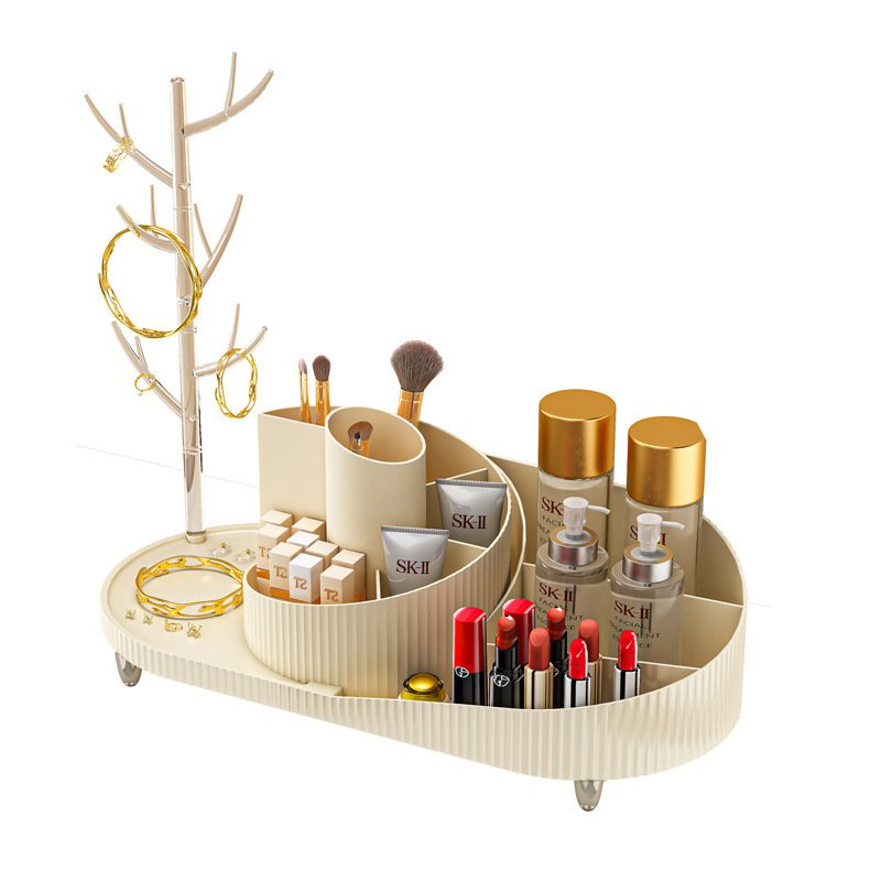 Rotating Makeup Organizer With Jewelry Storage  Large Capacity Cosmetic Display Case Holds 20 Brushes, 10 Lipsticks, 8 Skincare Products 360 Spinning Vanity Organizer For Countertop & Bathroom
